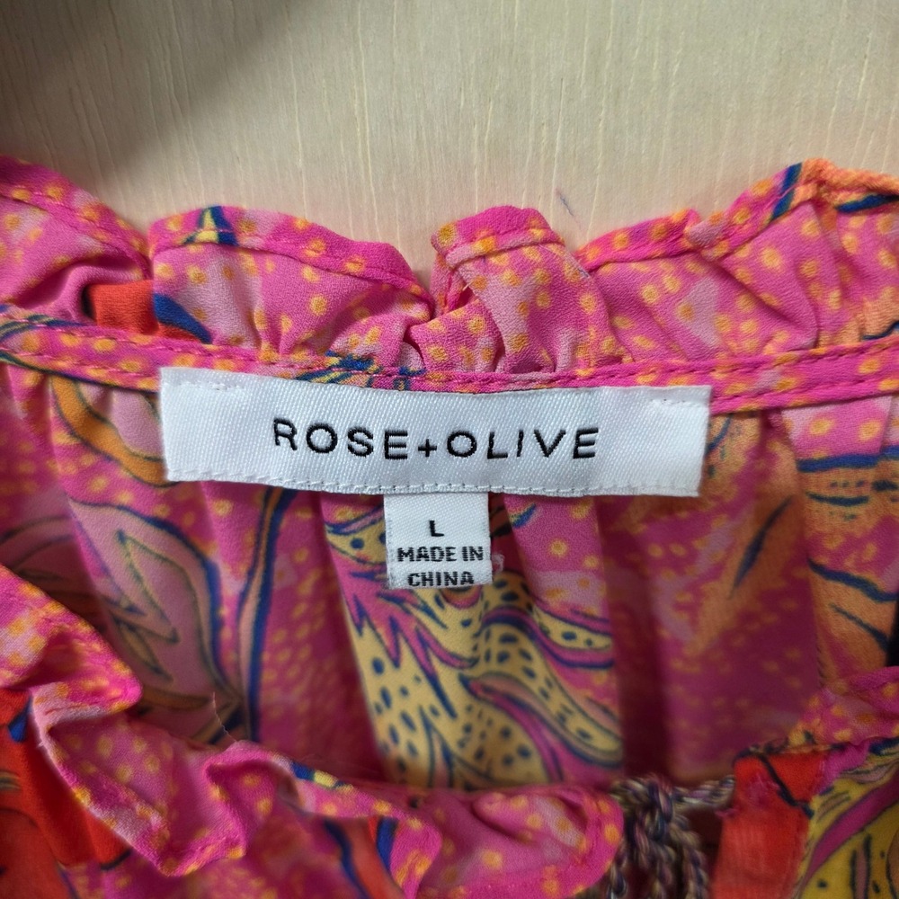 Rose + Olive Pink Floral Ruffle Neck Tassel Blouse Large Flutter Sleeve Top - Picture 4 of 10
